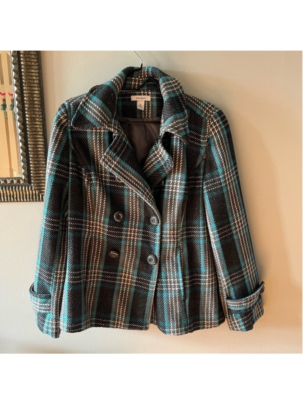Dress Barn Woman’s Peacoat Blue Black Plaid Button Up Size Medium - Picture 2 of 7